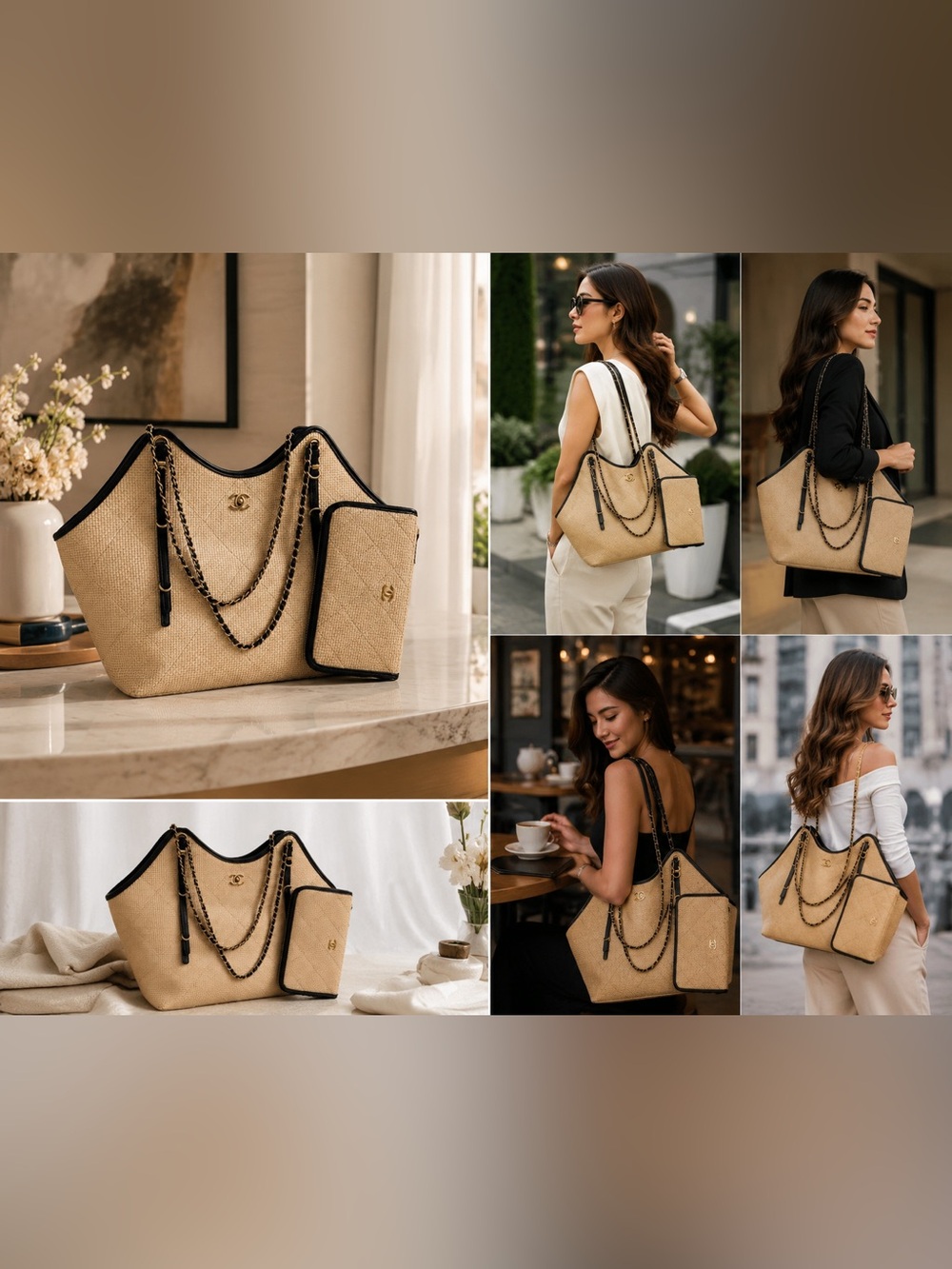 Beige Raffia Tote with Black Trim and Chain Straps